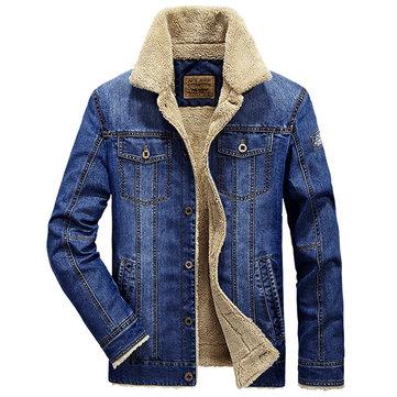 Plus Size Fleece Jacket Multi Pockets Single Breasted Inside Fleece Denim Jacket 