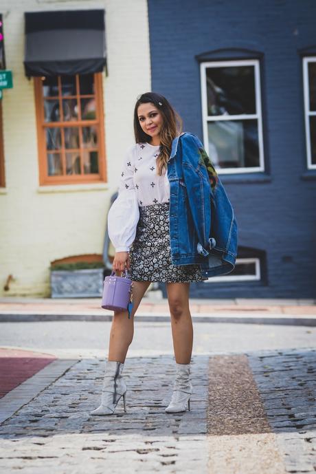 how to wear sequin booties this fall, fall mini kirt outfit, jacquard skirt, white blouse, hair style, fall fashion, street style, denim jacket, personalized denim jacket, fashion, myriad musings 