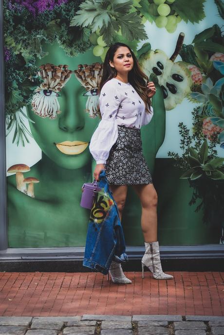 how to wear sequin booties this fall, fall mini kirt outfit, jacquard skirt, white blouse, hair style, fall fashion, street style, denim jacket, personalized denim jacket, fashion, myriad musings 