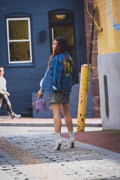 how to wear sequin booties this fall, fall mini kirt outfit, jacquard skirt, white blouse, hair style, fall fashion, street style, denim jacket, personalized denim jacket, fashion, myriad musings 