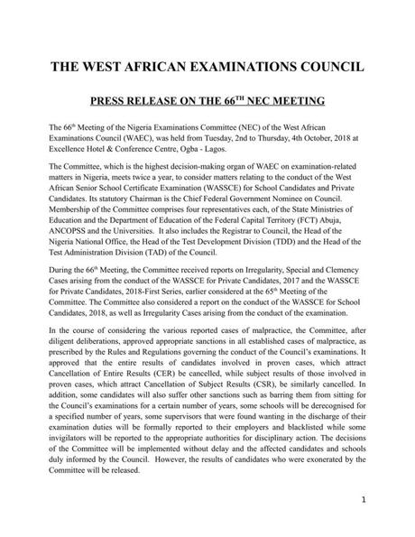 WAEC approves sanctions in exam malpractices cases