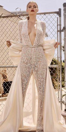 wedding dresses fall 2019 jumpsuits deep v neckline with sleeves sequins lace galia lahav