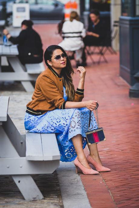 how to transition your summer wardrobe into fall, fall fashion, fall outfits, suede bomber jacket, suede pumps, street style, fashion, myriad musing