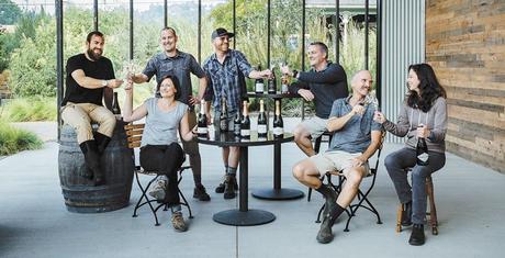 Standing: Nate Klostermann, Shane Moore of Gran Moraine. Sitting: Scott Dwyer of Chemeketa Community College Wine Studies Program; Robin Hawley of Sokol Blosser; James Frey of Trisaetum; Rollin Soles of ROCO Winery; and Ksenija Kostic House of Argyle. Photo by Kathryn Elsesser