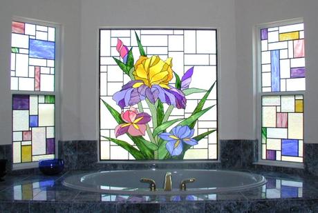 stained glass bathroom window with clear and colorful glass natural light