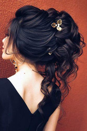 wedding hairstyles 2019 elegant high updo with loose curls and gold hairpin babaevski
