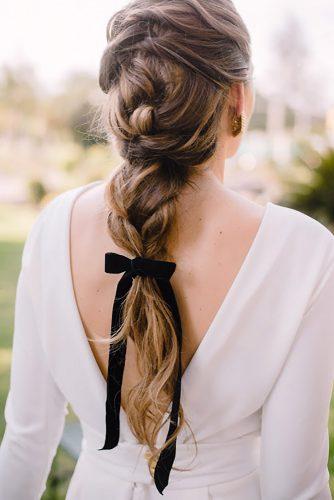wedding hairstyles 2019 bridal long hair with black ribbon bow jeresantochi