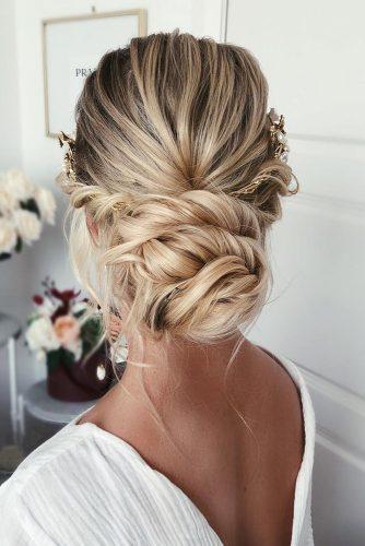 wedding hairstyles 2019 simple low swept bun with halo on blonde hair caraclynebridal