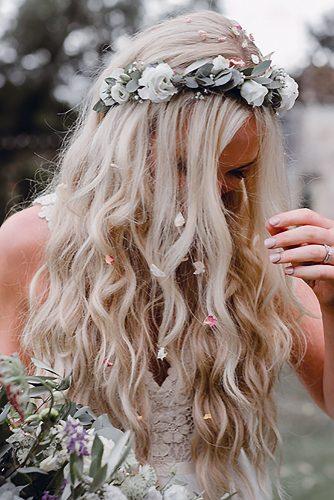 wedding hairstyles 2019 loose blonde hair with flowers and flower crown adamandgracephoto