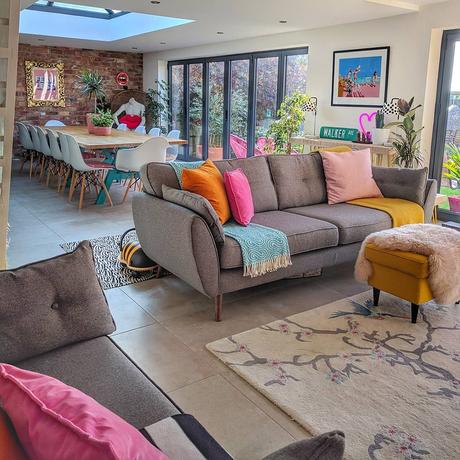 Colourful and quirky open plan living and dining room