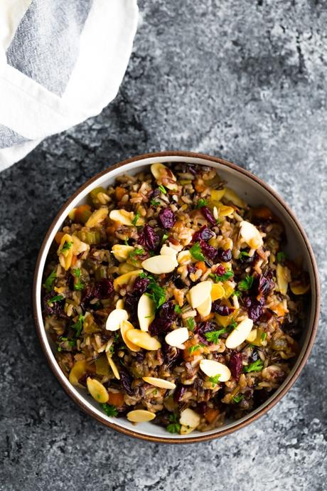 cranberry almond rice pilaf recipe in a bowl