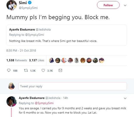 Simi and Her Mother Blast Each Other on Twitter, Threatens to Block Her (Screenshots)