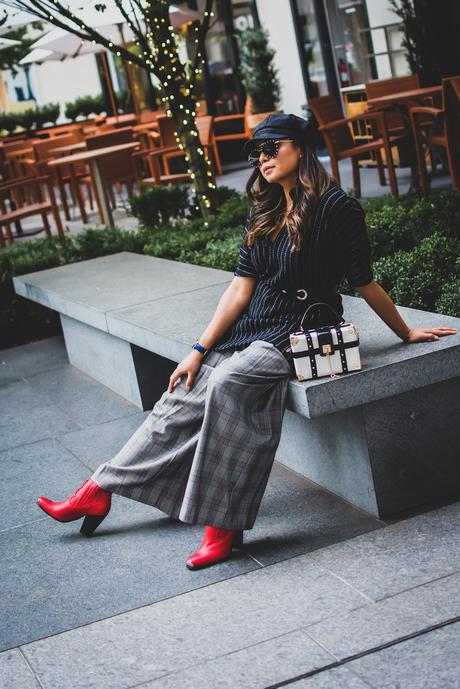 how to wear plaid in winter, fall fashion, mom life, tips on juggling life, dress as shirt, belted wool dress, red cowboy boots, boots of the season, fashion, street style, layered look, cabbie cap, myriad musings 