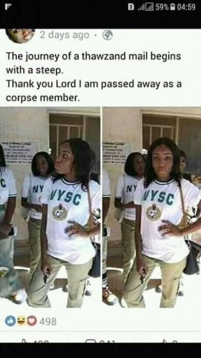 Lol! See What A Corps Member Posted on Facebook After Her POP
