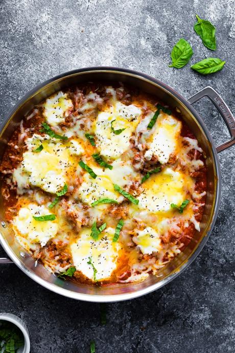 overhead view of low carb lasagna skillet