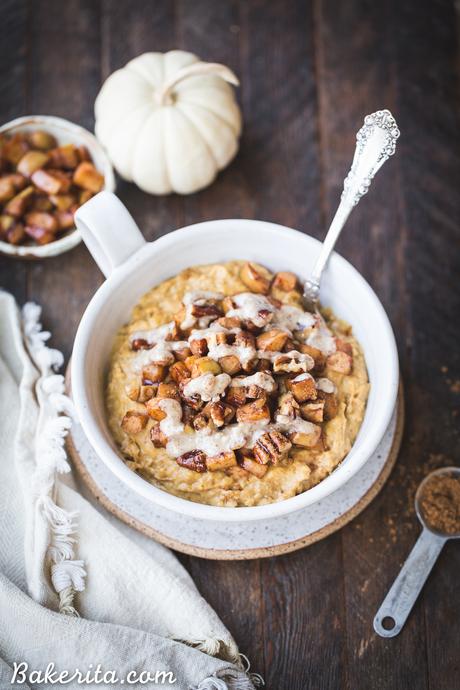 This Pumpkin Spice Oatmeal is rich, creamy, and perfect for chilly fall mornings. It's lightly sweetened with maple syrup and topped with warm sauteed apples. It's also gluten free and vegan. 