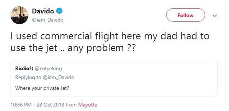 ‘Why is Your Private Jet?- Fan Blast Davido for Using Public Flight, And See Reply he Gave