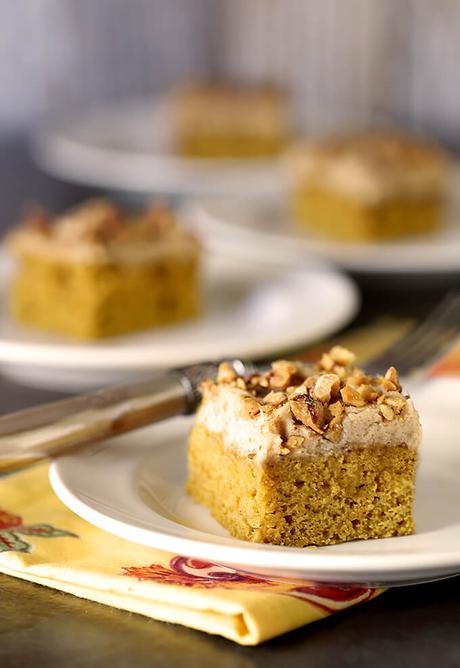 Pumpkin Bars with Maple Frosting and Toasted Walnuts