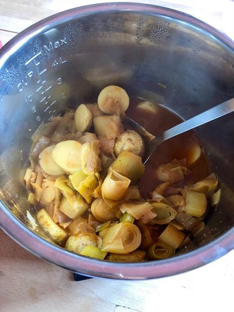 Instant Pot Leek, Potato and Paprika Soup in the Instant Pot's stainless steel inner pot. A quick and delicious pressure cooked soup. A Feisty Tapas recipe Instant Pot Leek, Potato and Paprika Soup