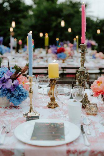 wedding trends 2019 bridal eclectic table with colorful candles in gold silver elegant candlesticks cinzia bruschini