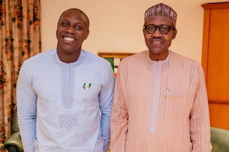 2019 Elections: Obasanjo’s Son Storms Aso Rock, Bows to Buhari as he Welcomes him (Photos)