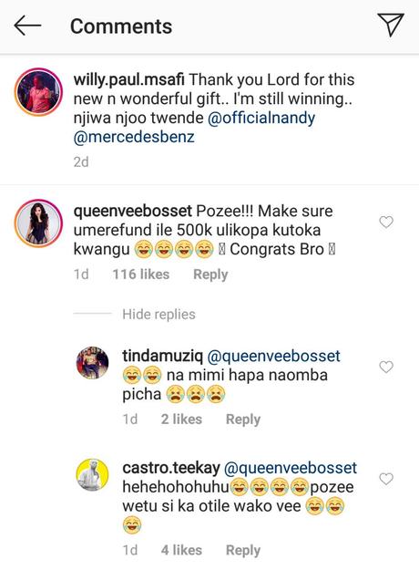 Vera Sidika publicly asks Willy Paul to refund her Kes 500,000 after he buys a new Mercedes