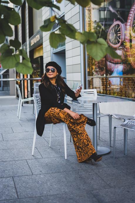 animal print, how to wear pyhthin print, party outfit, holiday outfit, zara python print pants, afshion, street style, beret outfit, sequin shell outfit, myriad musings