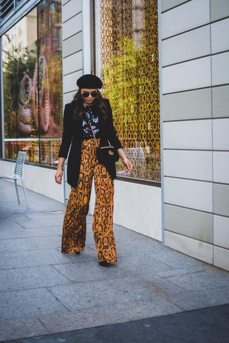 animal print, how to wear pyhthin print, party outfit, holiday outfit, zara python print pants, afshion, street style, beret outfit, sequin shell outfit, myriad musings