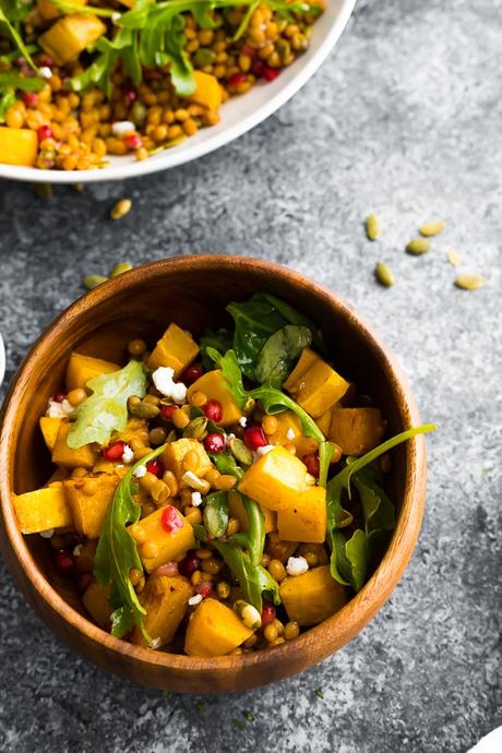 harvest lentil salad recipe in brown bowl