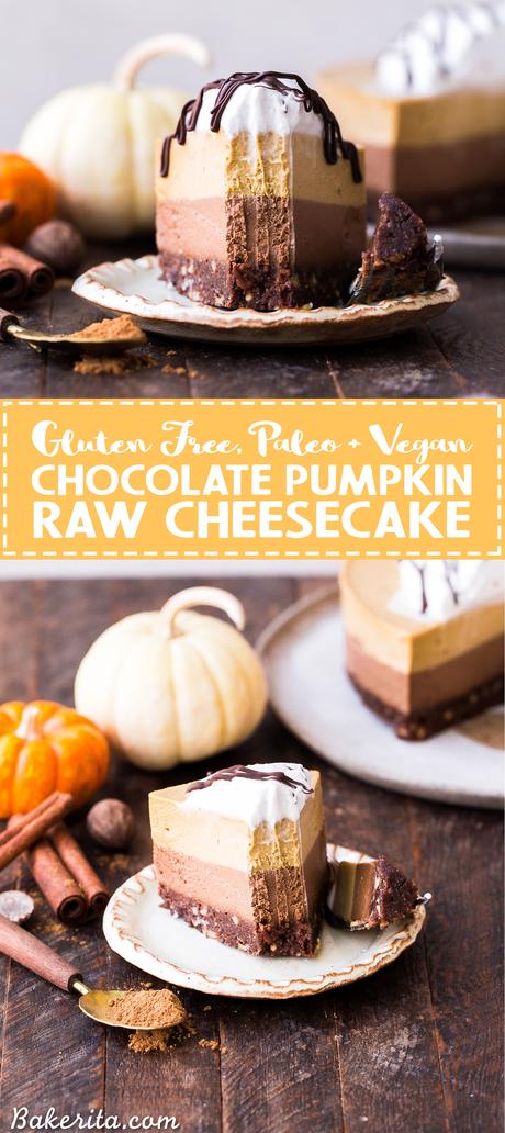This No Bake Layered Chocolate Pumpkin Cheesecake has layers of chocolate and pumpkin spice cashew-based cheesecake, on top of a chocolate date crust. This make-ahead raw dessert is perfect for the holidays.