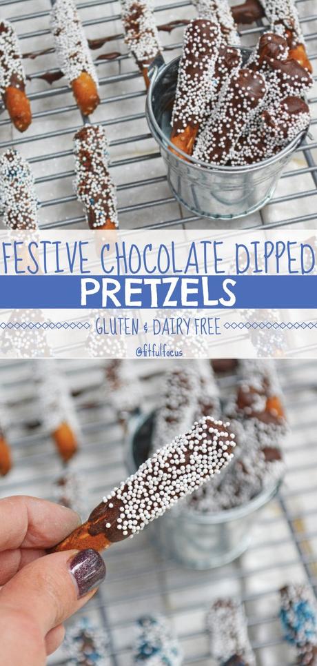 Festive Chocolate Dipped Pretzels (gluten free, dairy free)
