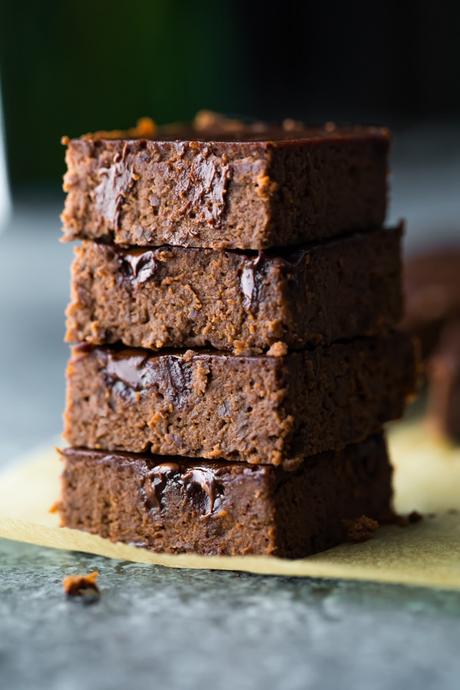 fudgy black bean brownies stacked up