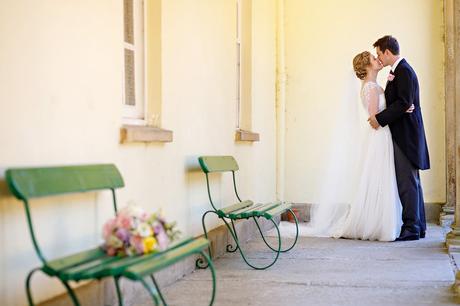bride and groom embrace at pennard house