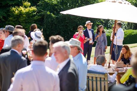 wedding guests on the lawn at pennard house