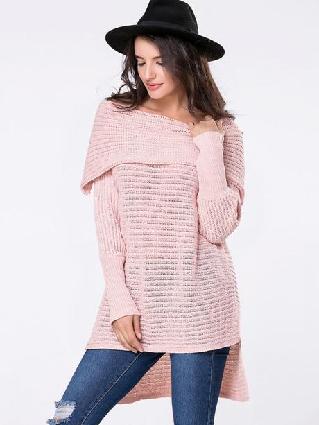 Off Shoulder High-Low Plain Sweater