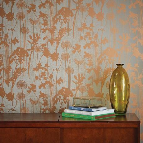 Distressed Floral Wallpaper in Grey and Metallic Copper design by Tempaper