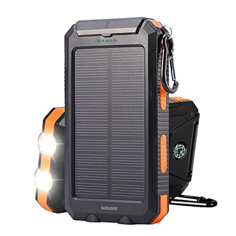 Solar charger Soluser 10000mAh Portable Solar Power Bank, IP67 Waterproof Dual USB Ports Battery Bank with 2 LED Flashlight, Compass for smart Phone, cell Phone, iPhone, Samsung, lg phone, Android pho