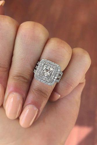 engagement ring trends 2018 princess cut diamond double halo pave band split