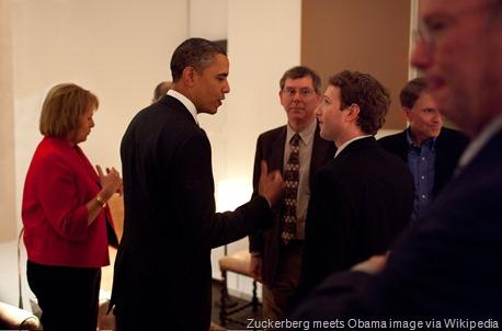 President Barack Obama talks with Facebook CEO Mark Zuckerberg before a dinner with Technology Business Leaders in Woodside, California, Feb. 17, 2011.
 (Official White House Photo by Pete Souza)
This official White House photograph is being made available only for publication by news organizations and/or for personal use printing by the subject(s) of the photograph. The photograph may not be manipulated in any way and may not be used in commercial or political materials, advertisements, emails, products, promotions that in any way suggests approval or endorsement of the President, the First Family, or the White House.