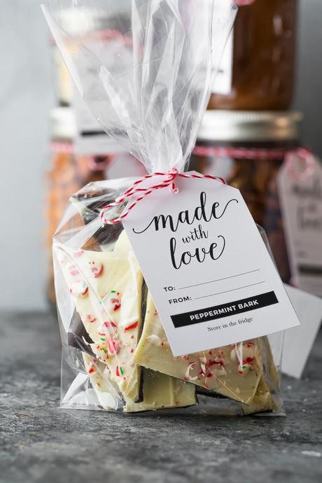 peppermint bark recipe in a gift bag with tag