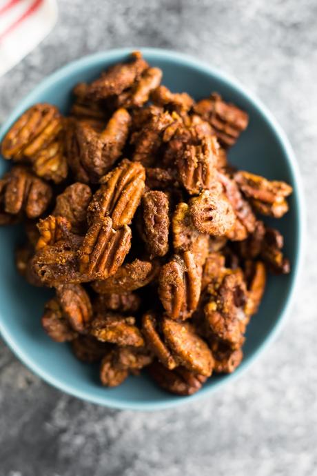 roasted pecans in blue bowl