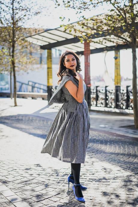 Modcloth flared dress, polka dot jacket, vince camuto pumps, sparkly sweater, holidat sweater, hostess outfit, fashion, vintage look, myriad musings 
