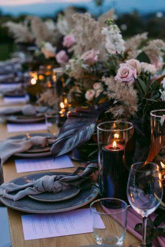 wedding decor 2019 pampas grass tablerunner with candles and pale pink roses jessicaabbyphotography