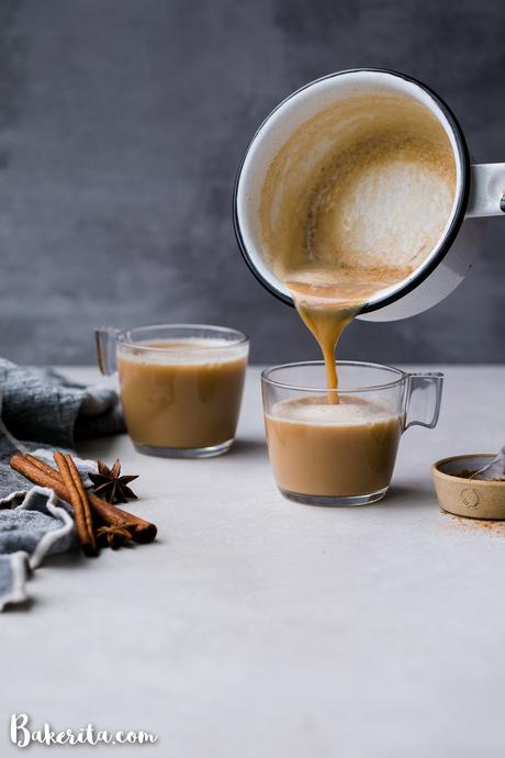 This spicy homemade Vegan Chai Latte is made with almond milk and sweetened naturally with maple syrup. The homemade chai spice mix is full of ginger, cinnamon, black pepper, and other warm spices. It's the perfect drink for chillier days.