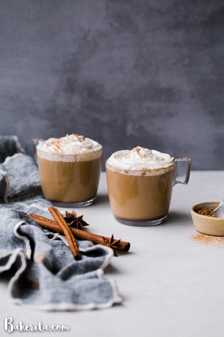 This spicy homemade Vegan Chai Latte is made with almond milk and sweetened naturally with maple syrup. The homemade chai spice mix is full of ginger, cinnamon, black pepper, and other warm spices. It's the perfect drink for chillier days.