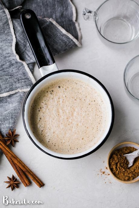 This spicy homemade Vegan Chai Latte is made with almond milk and sweetened naturally with maple syrup. The homemade chai spice mix is full of ginger, cinnamon, black pepper, and other warm spices. It's the perfect drink for chillier days.