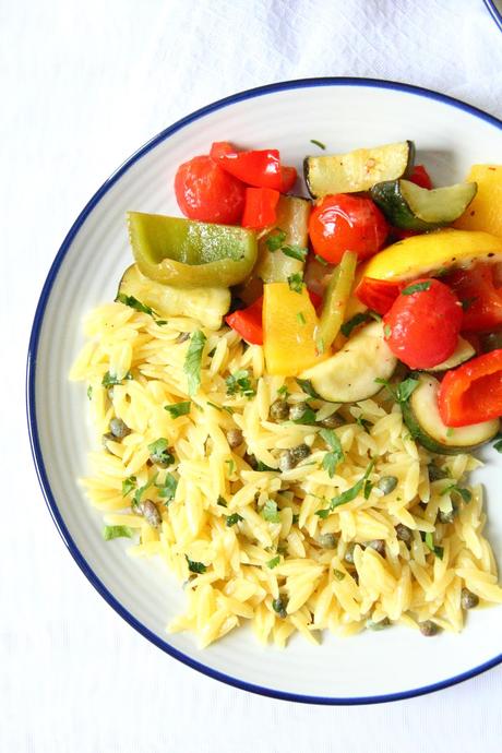 30-Minute Lemon Roasted Vegetables and Orzo Pasta Traybake Vegan Recipe