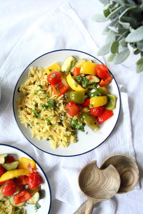 30-Minute Lemon Roasted Vegetables and Orzo Pasta Traybake Vegan Recipe