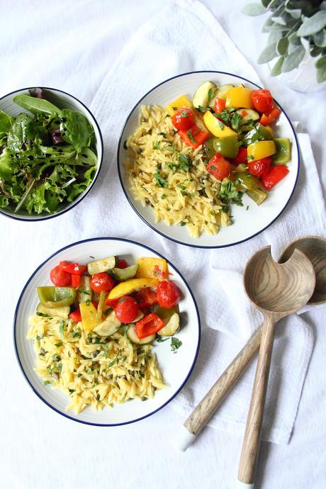 30-Minute Lemon Roasted Vegetables and Orzo Pasta Traybake Vegan Recipe