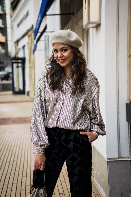 holiday outfit, what to wear to work party, pant options for women in winter, street style, H&M embellished blouse, velvet blouse, beret style, fur lined coat, myriad musings